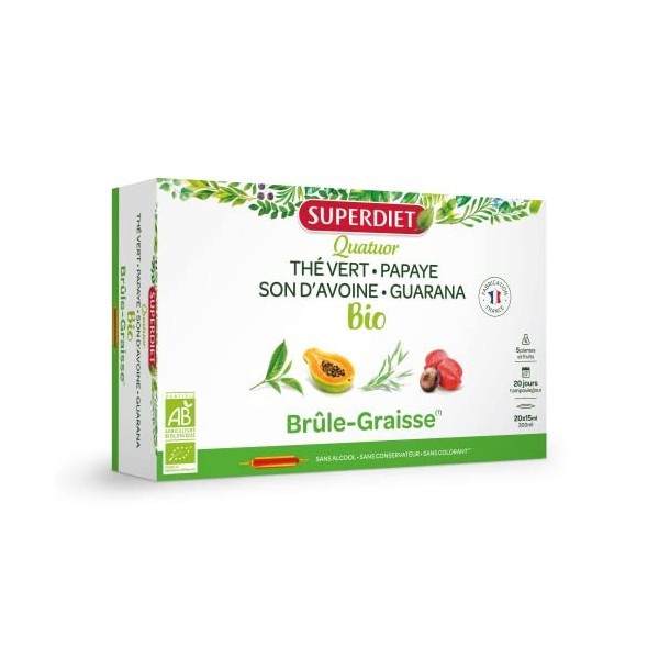 SUPERDIET - QUATUOR BRÛLE-GRAISSE BIO - Minceur -Thé vert, Papaye, Son davoine, Guarana -Fabrication française - 20 ampoules