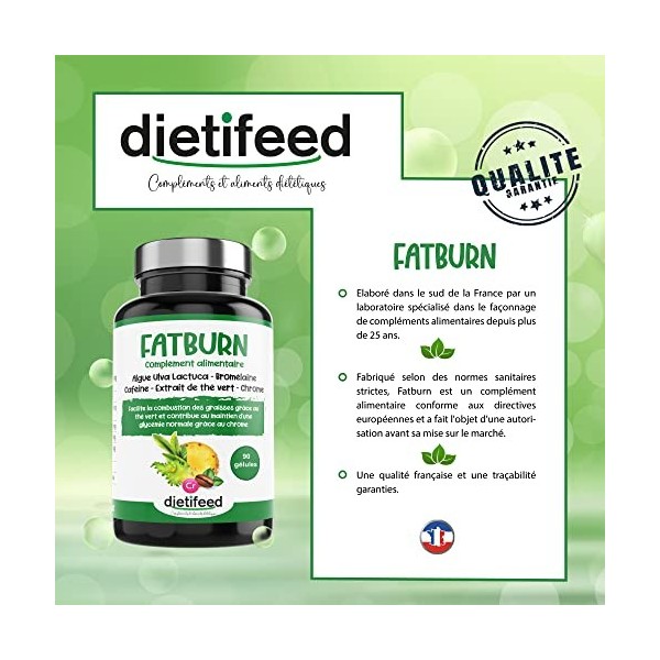 DIETIFEED Fatburn - Brûleur de graisses puissant pour femme et homme à base dextrait de thé vert, bromélaïne et chrome pour 