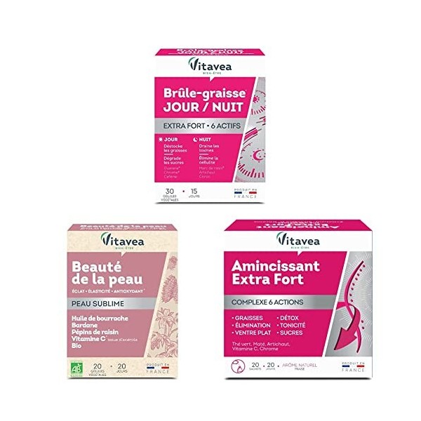 Vitavea - Programme Minceur et Beauté de la peau - Lot de 3 compléments alimentaires - Brûle graisse Jour/Nuit + Amincissant 