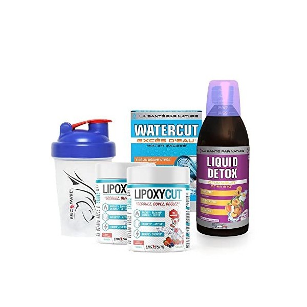 PACK SÈCHE INTENSIVE - Draine, Élimine, Affine - Lipoxycut Vegan x2 coffret Shaker + Liquid Detox + Draineur Water Cut + Bido