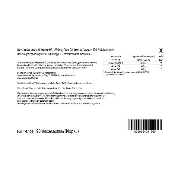 Nordic Naturals, Ultimate Omega-D3, 1280mg dOméga-3, avec EPA, DHA et Vitamine D3, Haute Dosé, Goût Citron, 120 Capsules mol