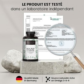Huile de Graines de Chanvre Cannabis Sativa 1000mg Pressées à Froid - 180 Capsules Molles Dose Élevée Oméga 3-6-9 | 100% Na