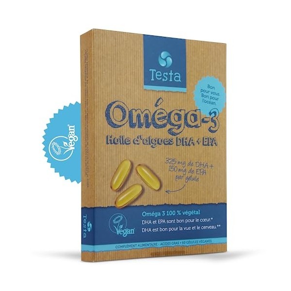 Omega 3 Vegan - Huile dAlgue haute concentration - 325mg DHA + 150mg EPA par capsule - 60 capsules 2 Mois - Bénéfique pour