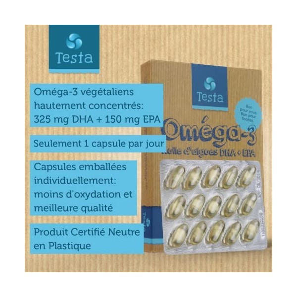 Omega 3 Vegan - Huile dAlgue haute concentration - 325mg DHA + 150mg EPA par capsule - 60 capsules 2 Mois - Bénéfique pour