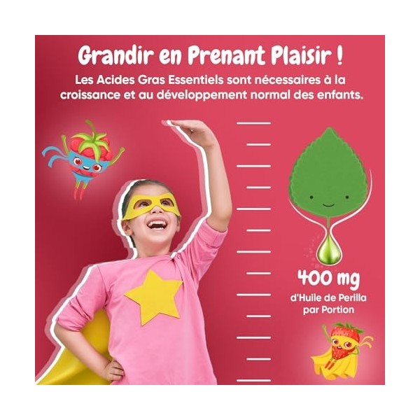 Oméga 3 Gummies Enfants - Huile de Perilla 400mg/Portion - 120 Gummies Vegan 2 Mois Pour La Croissance Des Enfants 3-12 Ans