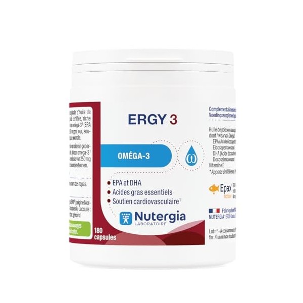 Nutergia – Oméga-3 – Apport en oméga-3, EPA et DHA et soutien cardiovasculaire – Complément alimentaire – 180 Capsules – Fabr