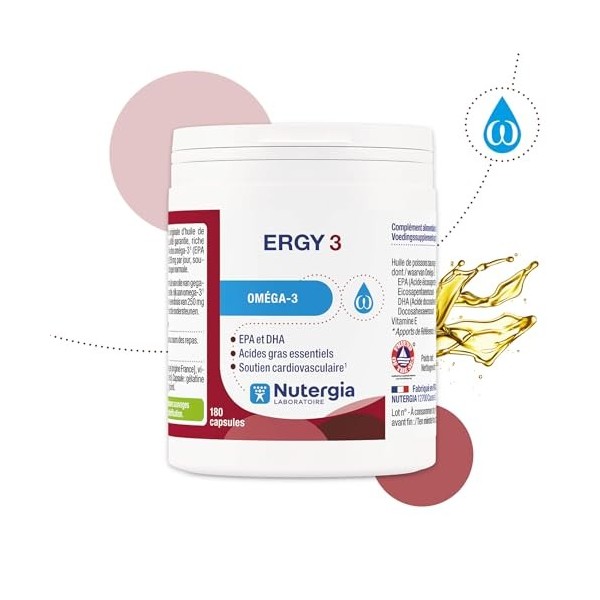 Nutergia – Oméga-3 – Apport en oméga-3, EPA et DHA et soutien cardiovasculaire – Complément alimentaire – 180 Capsules – Fabr