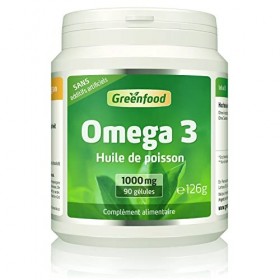 Greenfood Huile de poisson oméga 3, 1000 mg, dose extra élevée, 90 gélules - contribue au fonctionnement normal du cerveau. S