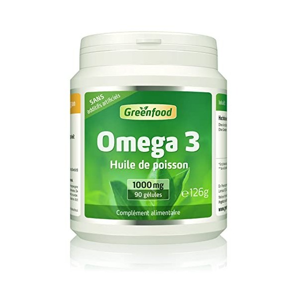 Greenfood Huile de poisson oméga 3, 1000 mg, dose extra élevée, 90 gélules - contribue au fonctionnement normal du cerveau. S