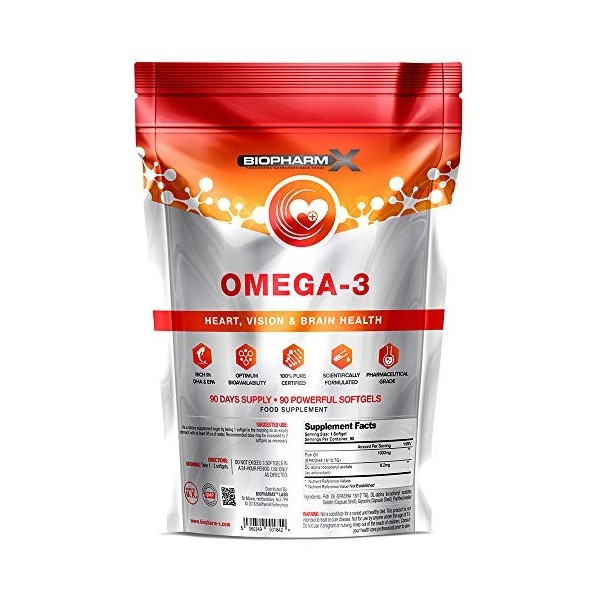 Omega 3 Fish Oil 1000 mg - 90 Capsules Certifié 100% pure huile de poisson à la force maximale avec EPA et DHA