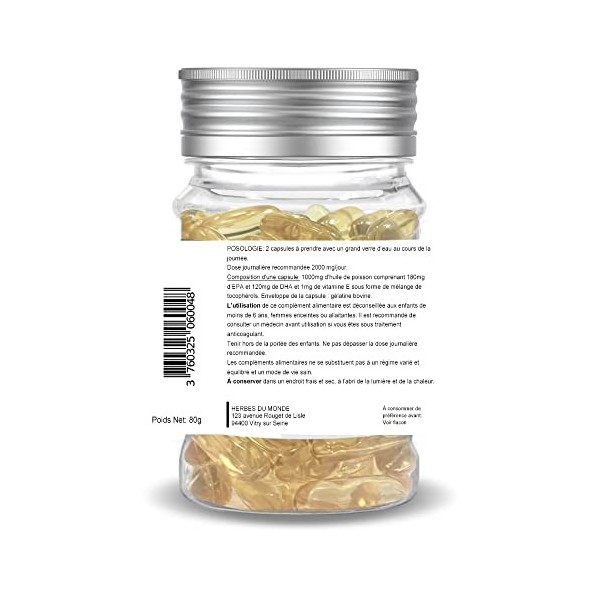 Herbes du Monde - Oméga 3 – Huile de poisson – Complément alimentaire - 1 Boite de 80 Capsules