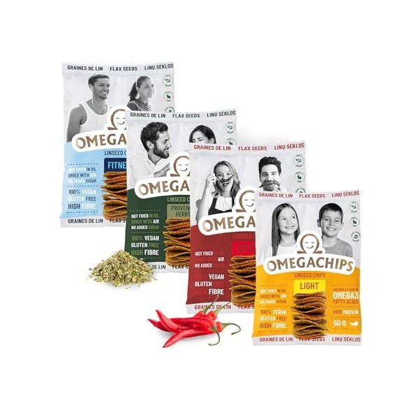 OmegaChips Graines de lin Gourmet Herbes – Snack sain avec oméga-3, parfait pour les amateurs de sport et les amateurs de san
