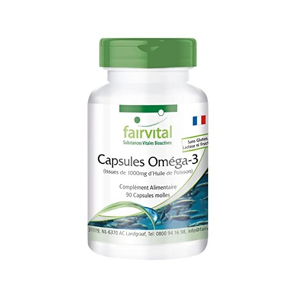 Fairvital | Omega-3 capsules dhuile de poisson 1000mg - 90 capsules - Fortement dosé gélules - 3000mg par dose journalière -