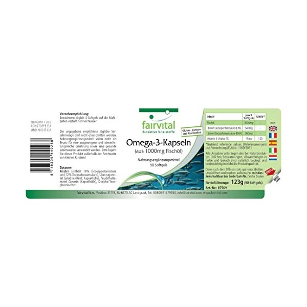 Fairvital | Omega-3 capsules dhuile de poisson 1000mg - 90 capsules - Fortement dosé gélules - 3000mg par dose journalière -