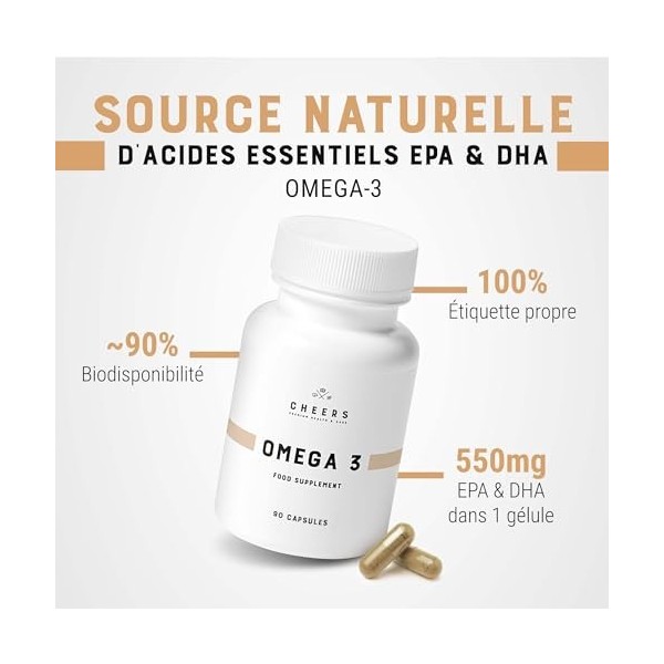 CHEERS - Oméga 3, 90 Capsules, Huile de Poisson à Haute Résistance Contient 550 mg dEPA et de DHA par Capsule, des Vitamines