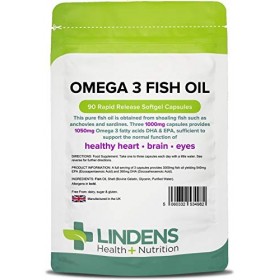 Lindens Huile de poisson oméga 3, 1 000 mg en gélules | 90 Lot | 1050mg d’acide gras oméga 3 DHA & EPA pour 2 capsules. Contr