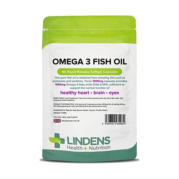 Lindens Huile de poisson oméga 3, 1 000 mg en gélules | 90 Lot | 1050mg d’acide gras oméga 3 DHA & EPA pour 2 capsules. Contr