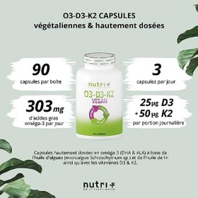 O3 D3 K2 VEGAN - 90 gelules - Acides gras oméga 3 avec DHA dhuile dalgues - Vitamine D de lichen et All-Trans MK7 ménaquino