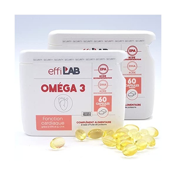 EffiLAB | Complement alimentaire omega 3 | Fonctionnement cardiovasculaire normal grâce à EPA et DHA | Lot de 2 piluliers de 