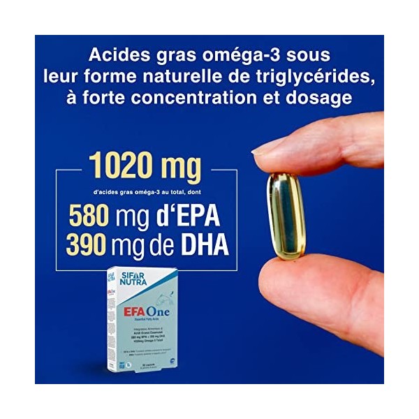 Sifar Nutra EFA One | IFOS certifié 5 étoiles | Huile de poisson Oméga 3 1020 mg | 580 mg EPA + 390 mg DHA | fonction cardiaq