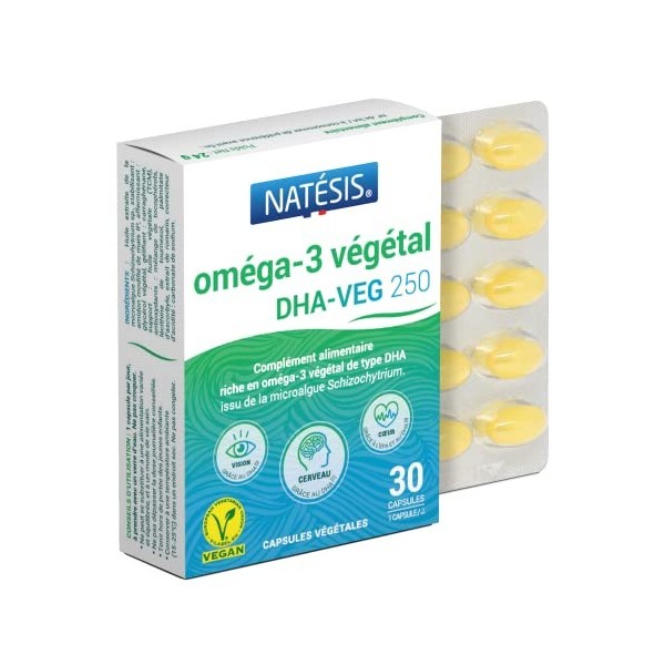 Natésis - Oméga 3 Vegan - 30 Jours - Huile d’Algue - Acides Gras Végétaux - 250 mg de DHA - Cœur + Cerveau + Vision - Microal