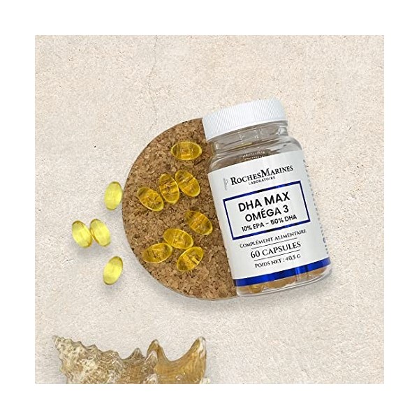 Roches Marines - Complément alimentaire DHA max Oméga 3 - 10 % EPA - 50 % DHA - Riche en Oméga 3 DHA - Bon fonctionnement du 