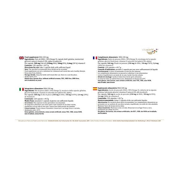 Vita World DHA 220mg Omega-3 120 Capsules Made in Germany