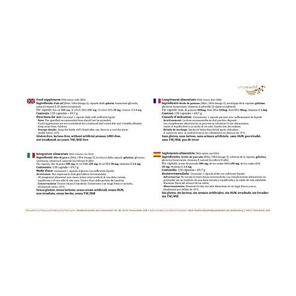 Vita World DHA Vision 220mg Omega-3 120 Capsules Made in Germany