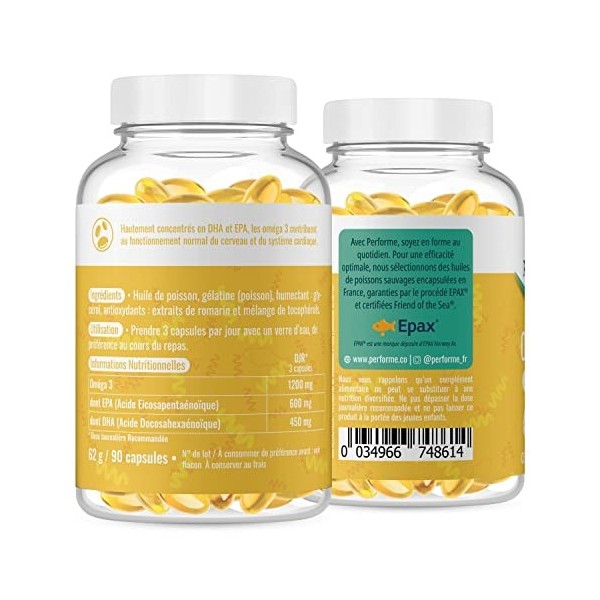 Performe - Oméga 3 • Huile Pure et Naturelle de Poisson Sauvage Qualité • Riche en Acide Gras Naturelle • EPAX Breveté • Haut