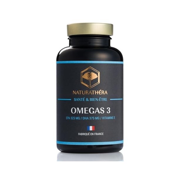 Naturathéra OMÉGAS 3 EPA & DHA - Dosage Fort - Pureté garantie - Anti-inflammatoire - Complément Alimentaire Cerveau Coeur 