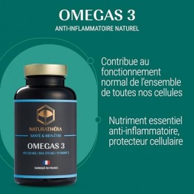 Naturathéra OMÉGAS 3 EPA & DHA - Dosage Fort - Pureté garantie - Anti-inflammatoire - Complément Alimentaire Cerveau Coeur 