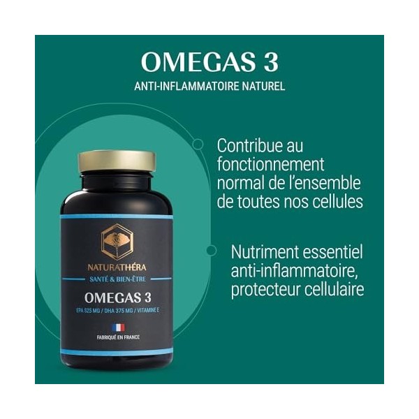 Naturathéra OMÉGAS 3 EPA & DHA - Dosage Fort - Pureté garantie - Anti-inflammatoire - Complément Alimentaire Cerveau Coeur 