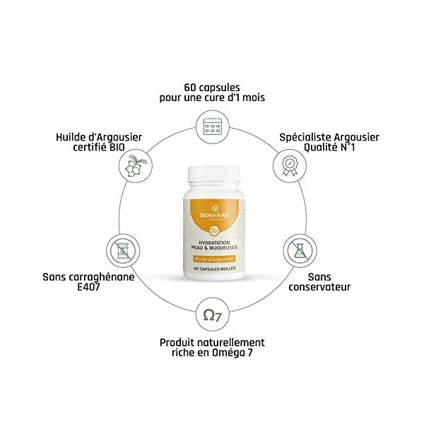 Oméga 3 6 7 9 - 60 Capsules Huile Argousier Pure 500mg 1 Mois - Hydratation des peaux et muqueuses - Sans OGM, Gluten