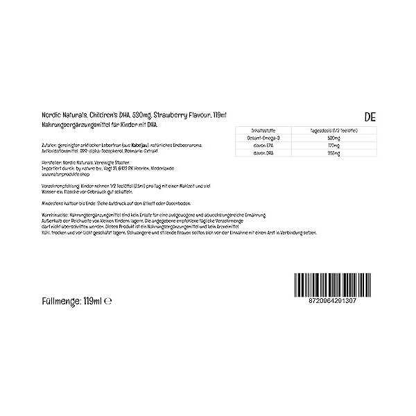 Nordic Naturals, Childrens DHA, 530mg dOméga-3 dHuile de Foie de Morue, Arôme Fraise, avec EPA et DHA, 119ml, Testé en Lab