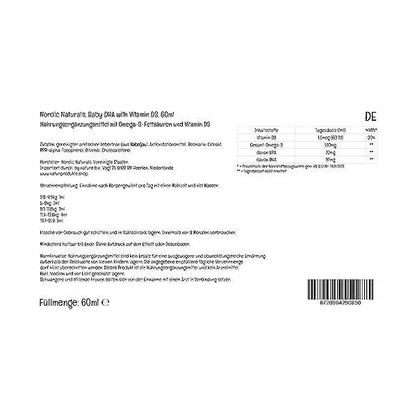 Nordic Naturals, Baby-DHA with Vitamin D3, 1050mg dOméga-3 dHuile de Foie de Morue, avec EPA et DHA, 60ml, Testé en Laborat