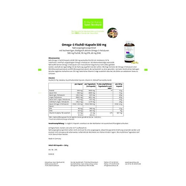 Sanct Bernhard Omega 3 Fettsäuren Fischöl- 400 Kapseln