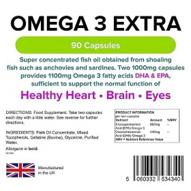 Lindens Huile de poisson oméga 3 Extra 1&nbsp;000 mg en gélules | 90 Lot | 1&nbsp;100 mg d’acide gras oméga 3 DHA & EPA pour 2 capsules