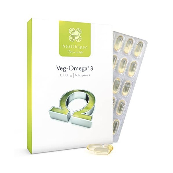 Veg-Oméga 3 1000 mg de Healthspan | 60 gélules | Source dalgues végétaliennes | Sans poisson | Acides gras oméga-3 DHA et EP