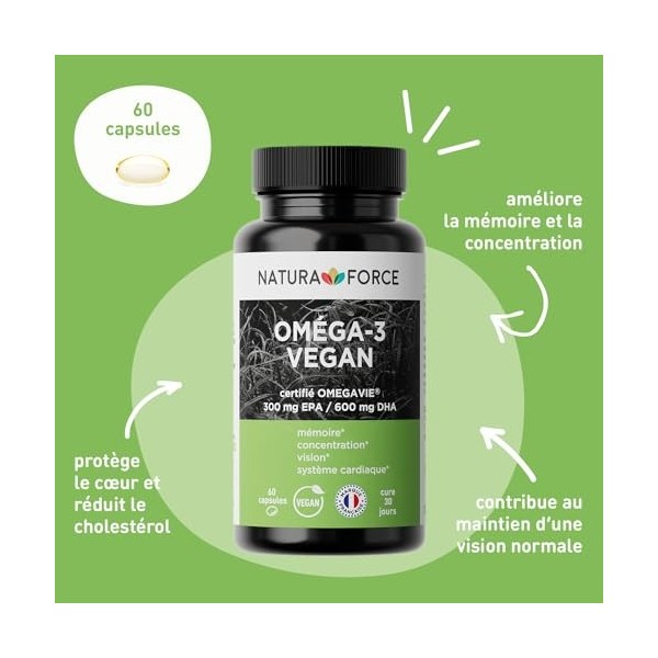 NATURA FORCE - Oméga 3 Végan, acides gras EPA et DHA issus de l’huile de Microalgue Schizochytrium - 100% vegan et brevetés O