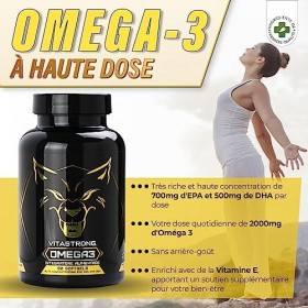 Omega 3 Huile de Poisson 2000mg - 700mg EPA et 500mg DHA Omega 3 par portion - Vitastrong Oméga 3 avec Vitamine E - Fish Oil 