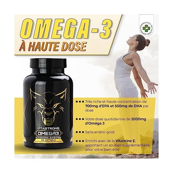 Omega 3 Huile de Poisson 2000mg - 700mg EPA et 500mg DHA Omega 3 par portion - Vitastrong Oméga 3 avec Vitamine E - Fish Oil 
