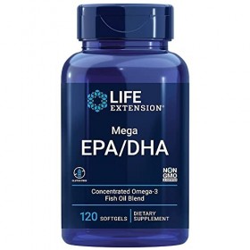 Life Extension, Mega EPA/DHA, Omega-3 dHuile de Poisson, 120 Capsules molles, Testé en Laboratoire, Sans Gluten, Sans Soja, 