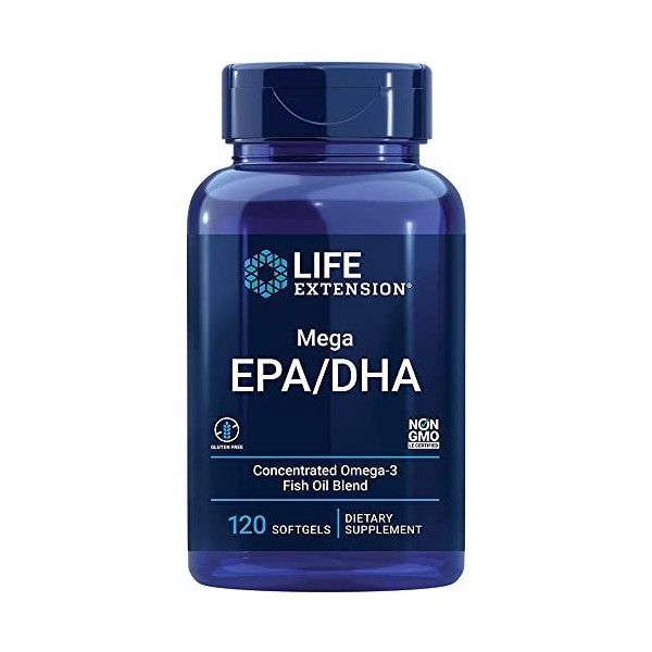 Life Extension, Mega EPA/DHA, Omega-3 dHuile de Poisson, 120 Capsules molles, Testé en Laboratoire, Sans Gluten, Sans Soja, 