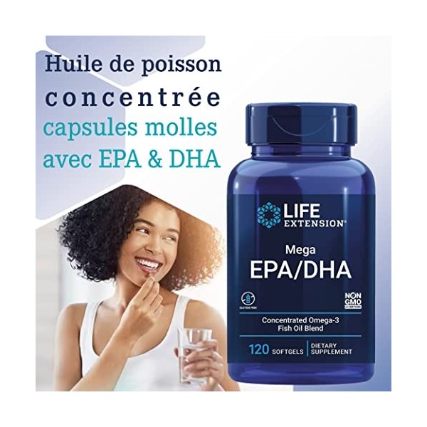 Life Extension, Mega EPA/DHA, Omega-3 dHuile de Poisson, 120 Capsules molles, Testé en Laboratoire, Sans Gluten, Sans Soja, 