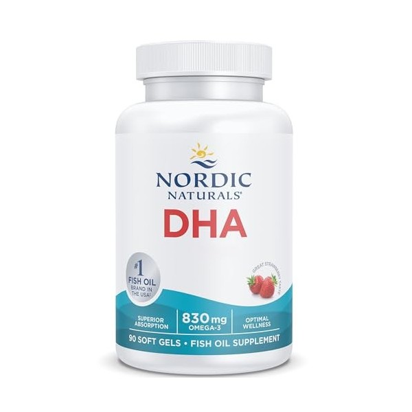 Nordic Naturals, DHA, 830mg dOméga-3, Huile de Poisson avec EPA et DHA, Goût Fraise, 90 Capsules molles, Testé en Laboratoir