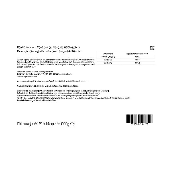 Nordic Naturals, Algae Omega, 715mg dOméga-3 végétaliens à Base dHuile dAlgues, avec EPA et DHA, 60 Capsules molles végéta