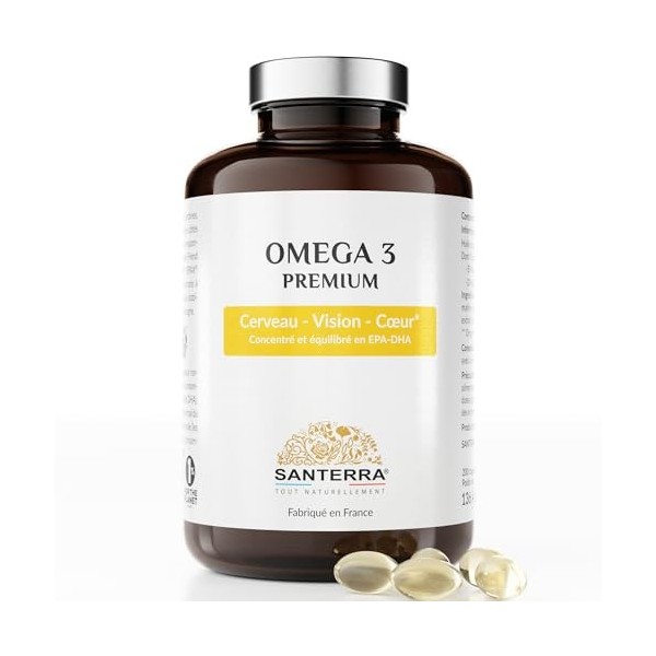 Omega 3 Santerra - 200 Capsules de 500 mg d’Huile de Poisson, EPA DHA