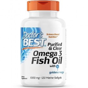 Doctors Best, Purified & Clear Omega-3 Fish Oil Huile de Poisson , 1000mg, 120 Gélules, Testé en Laboratoire, Sans Gluten, 