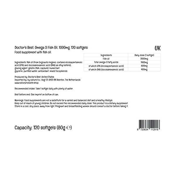 Doctors Best, Purified & Clear Omega-3 Fish Oil Huile de Poisson , 1000mg, 120 Gélules, Testé en Laboratoire, Sans Gluten, 