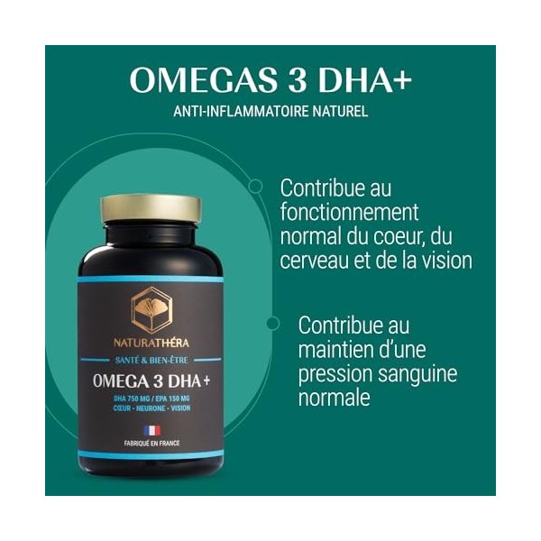 Naturathéra OMÉGAS 3 DHA + - Dosage Fort - O3 & Pureté - Sans Odeur - Anti-inflammatoire - Complément Alimentaire Cerveau Coe